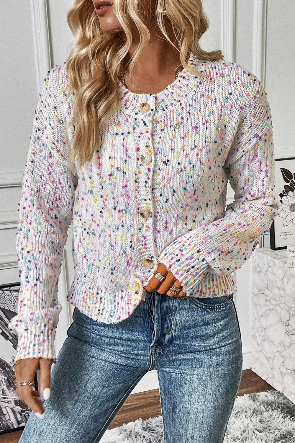 White Confetti Button Up Long Sleeve Cardigan