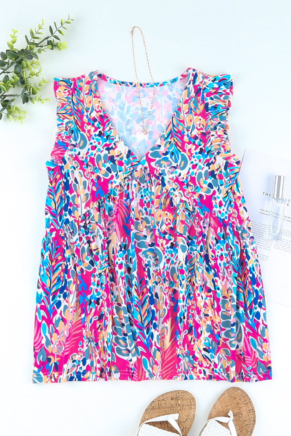 Multicolor Abstract Print Boho Flounce Hem Sleeveless Shirt