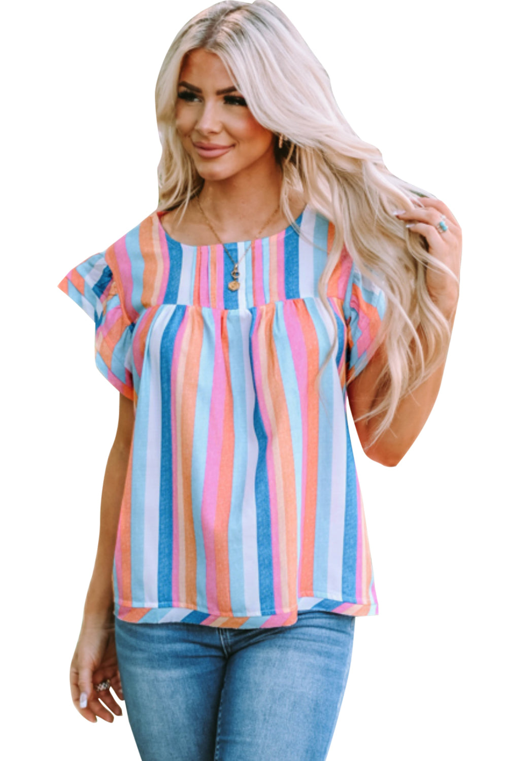 Multicolor Striped Back Button Keyhole Layered Sleeve Blouse