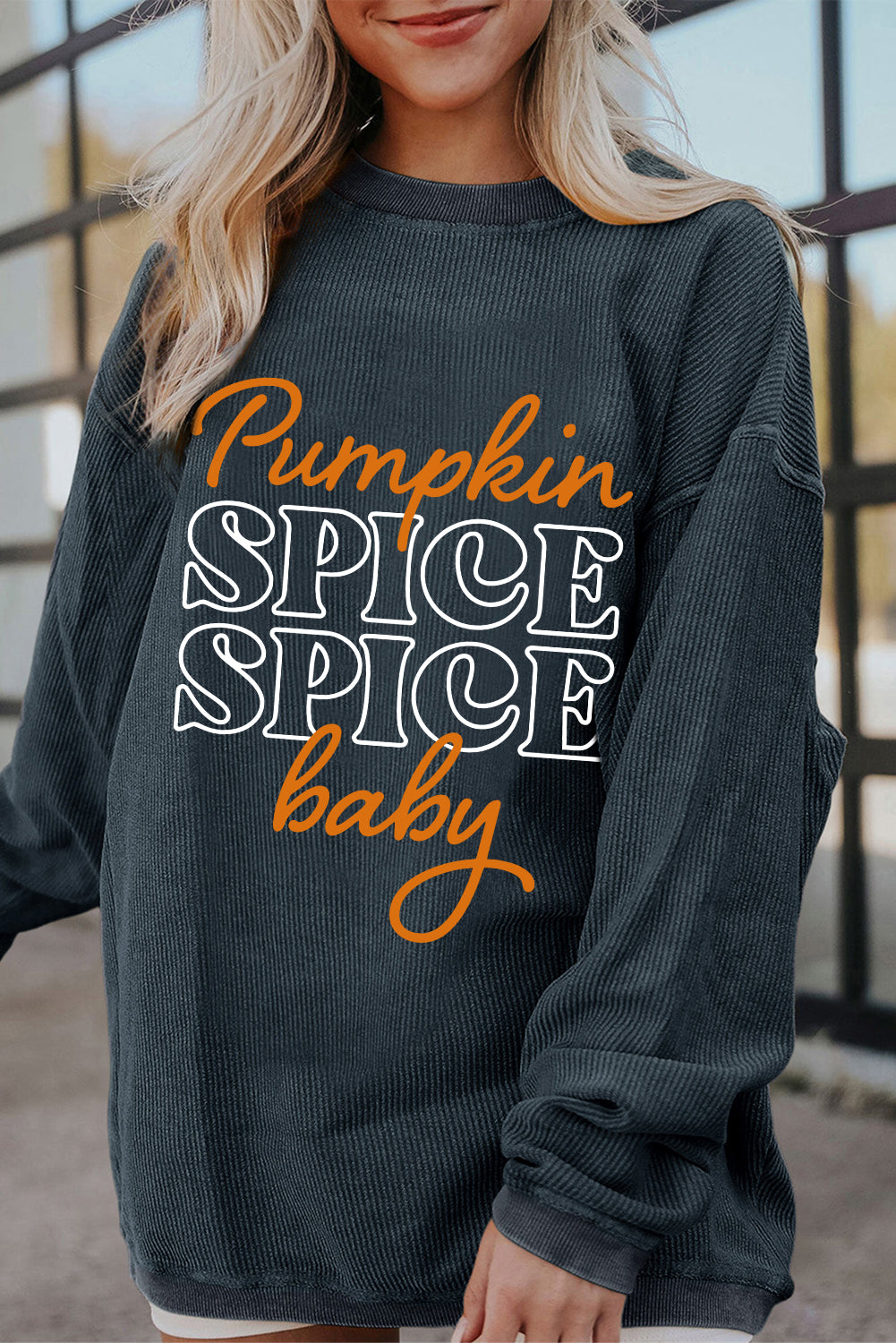 Dark Grey Fall Pumpkin Spice Baby Graphic Textured Sweatshirt