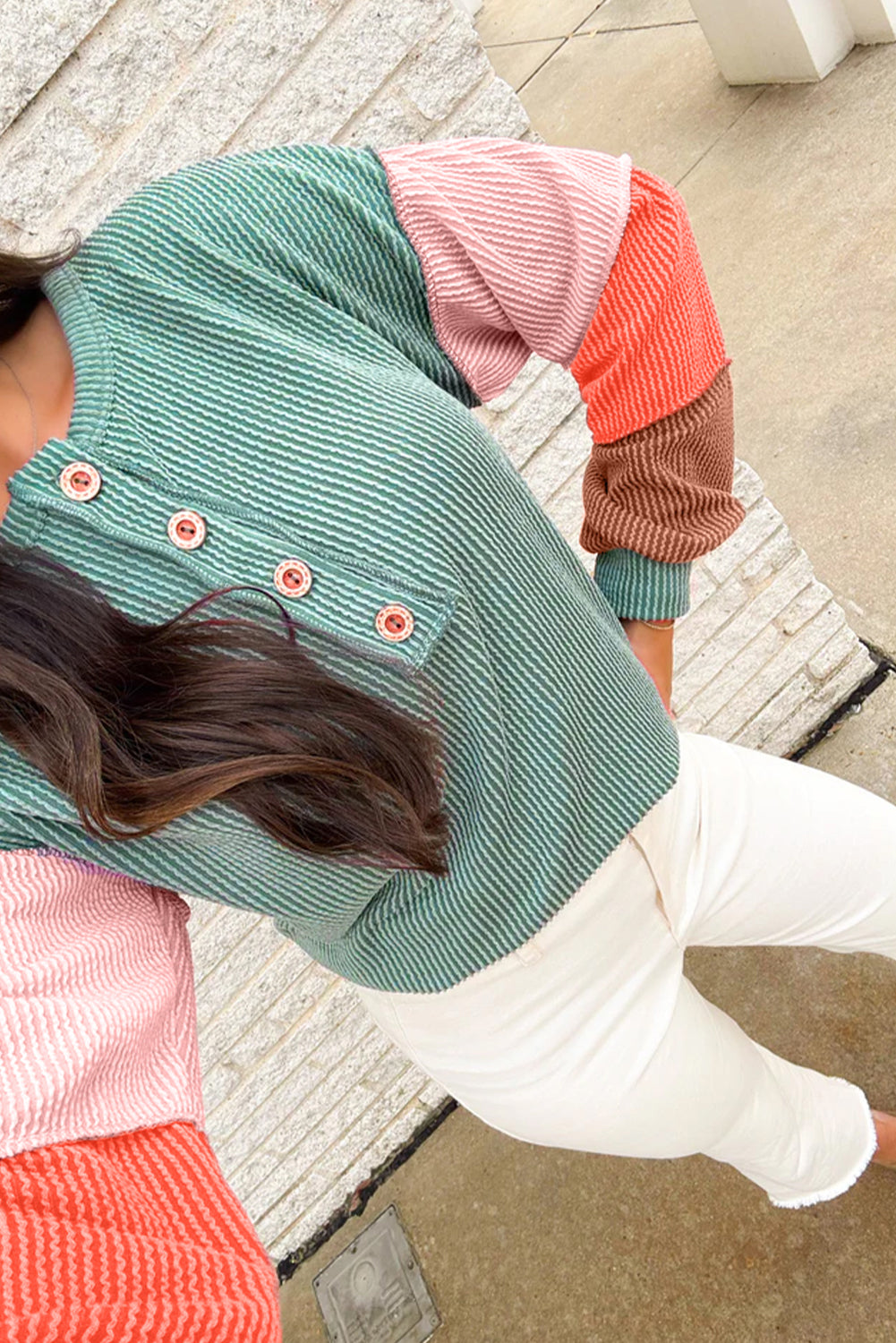 Multicolour Twisted Ribbed Colorblock Patchwork Henley Top