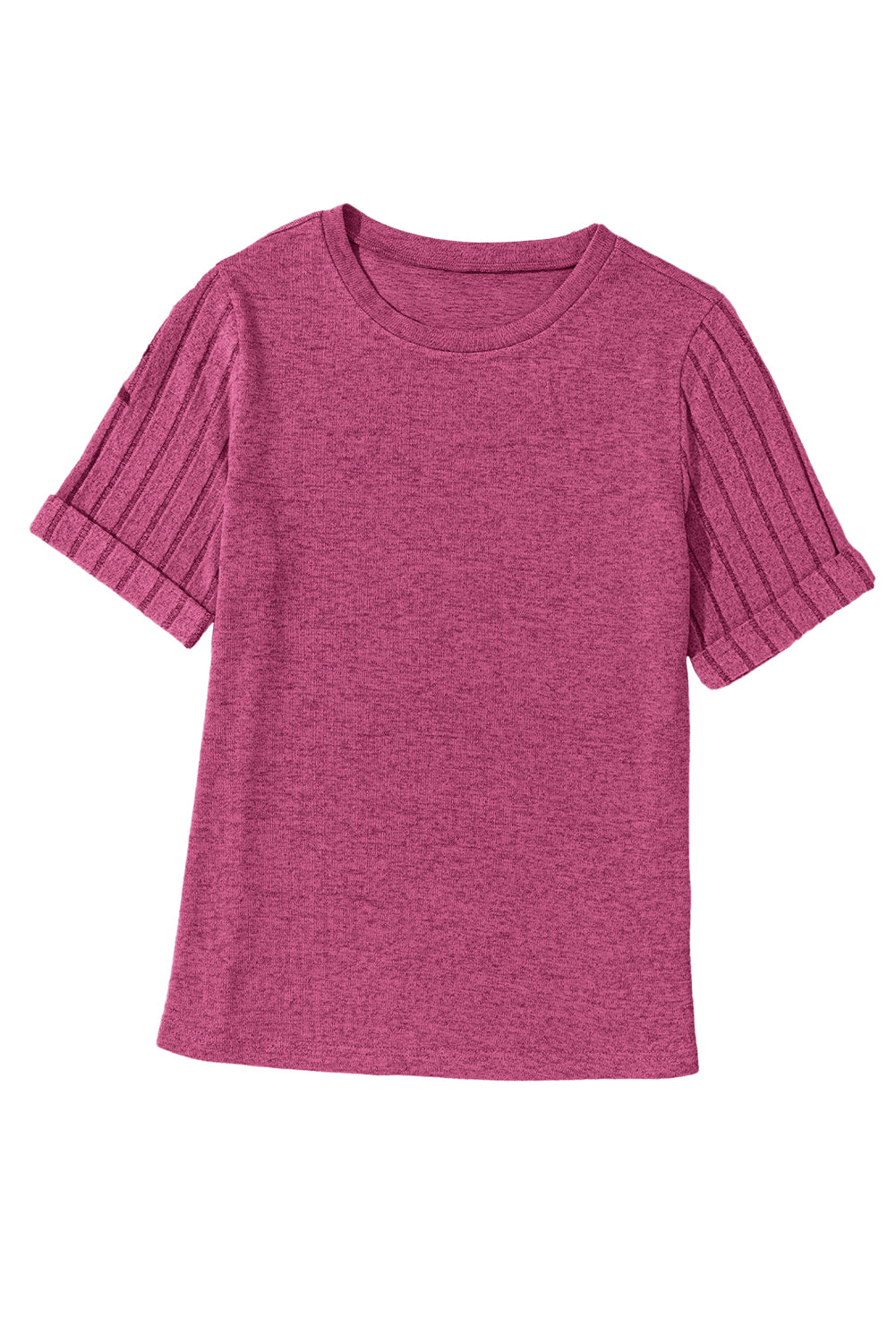 Bright Pink Ribbed Splicing Short Sleeve Round Neck T-shirt