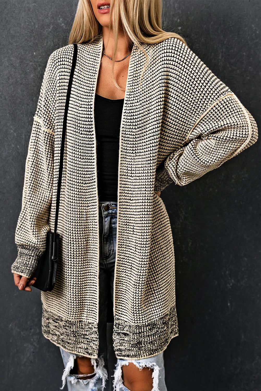 Plaid Contrast Trim Casual Knit Cardigan