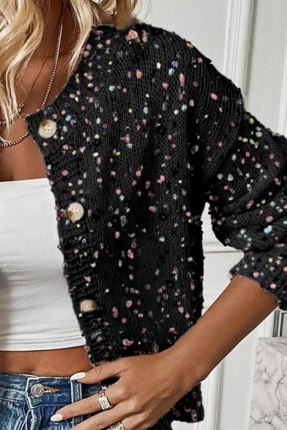 White Confetti Button Up Long Sleeve Cardigan