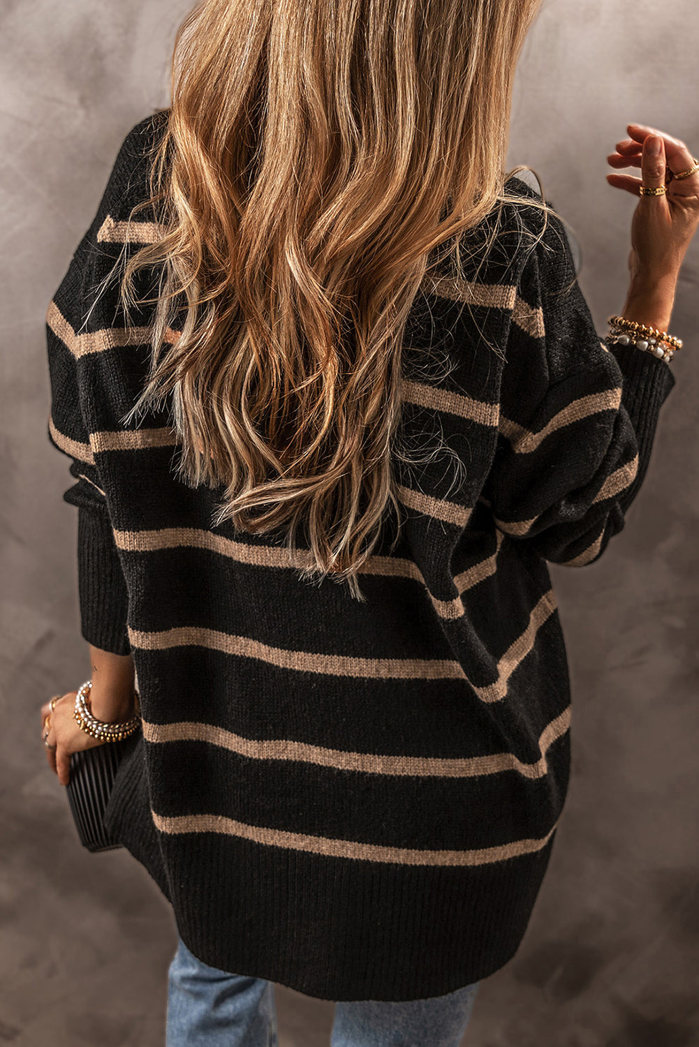 Black Stripe Buttoned V Neck Drop Shoulder Loose Cardigan