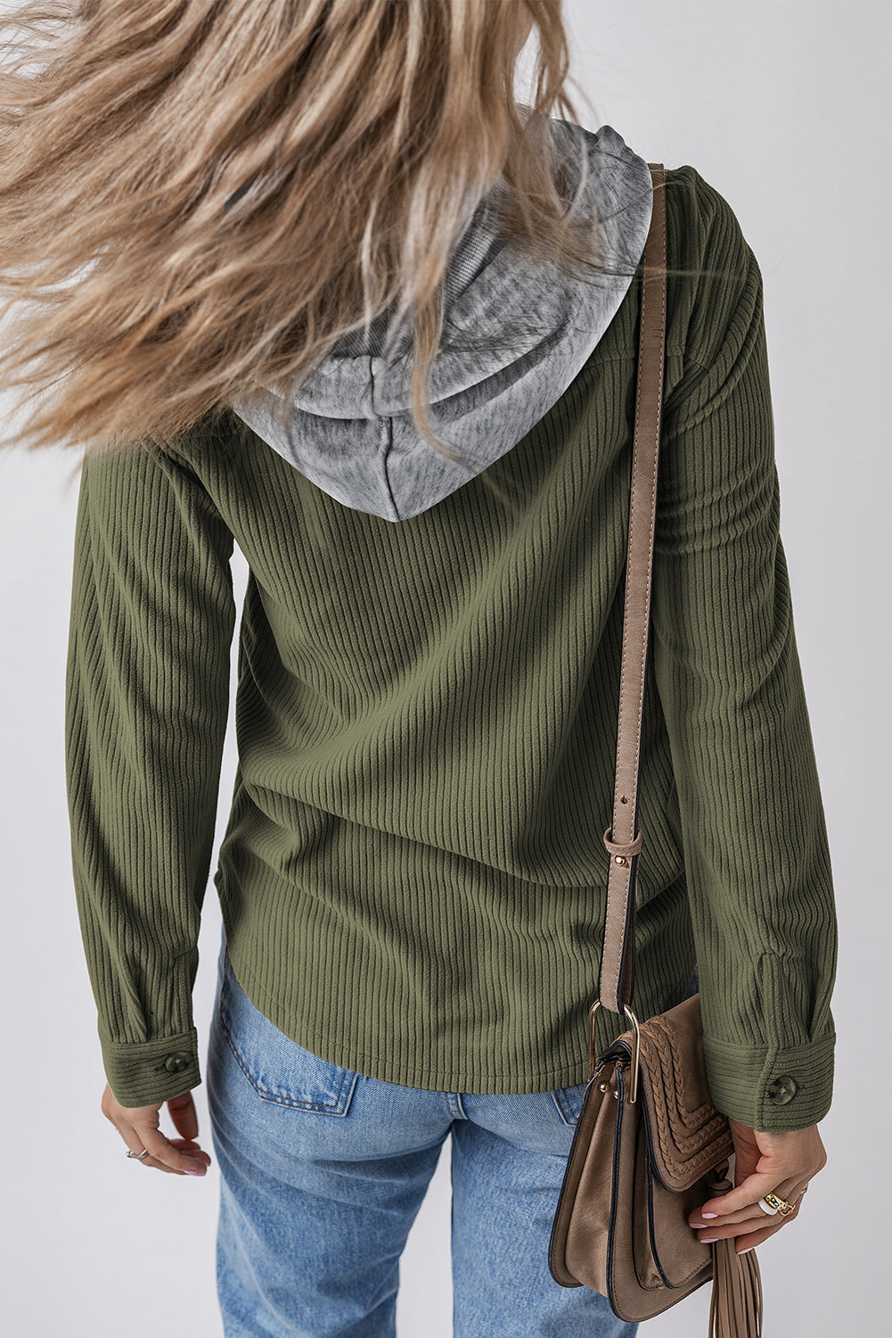 Moss Green Pockets Drawstring Hooded Corduroy Shacket