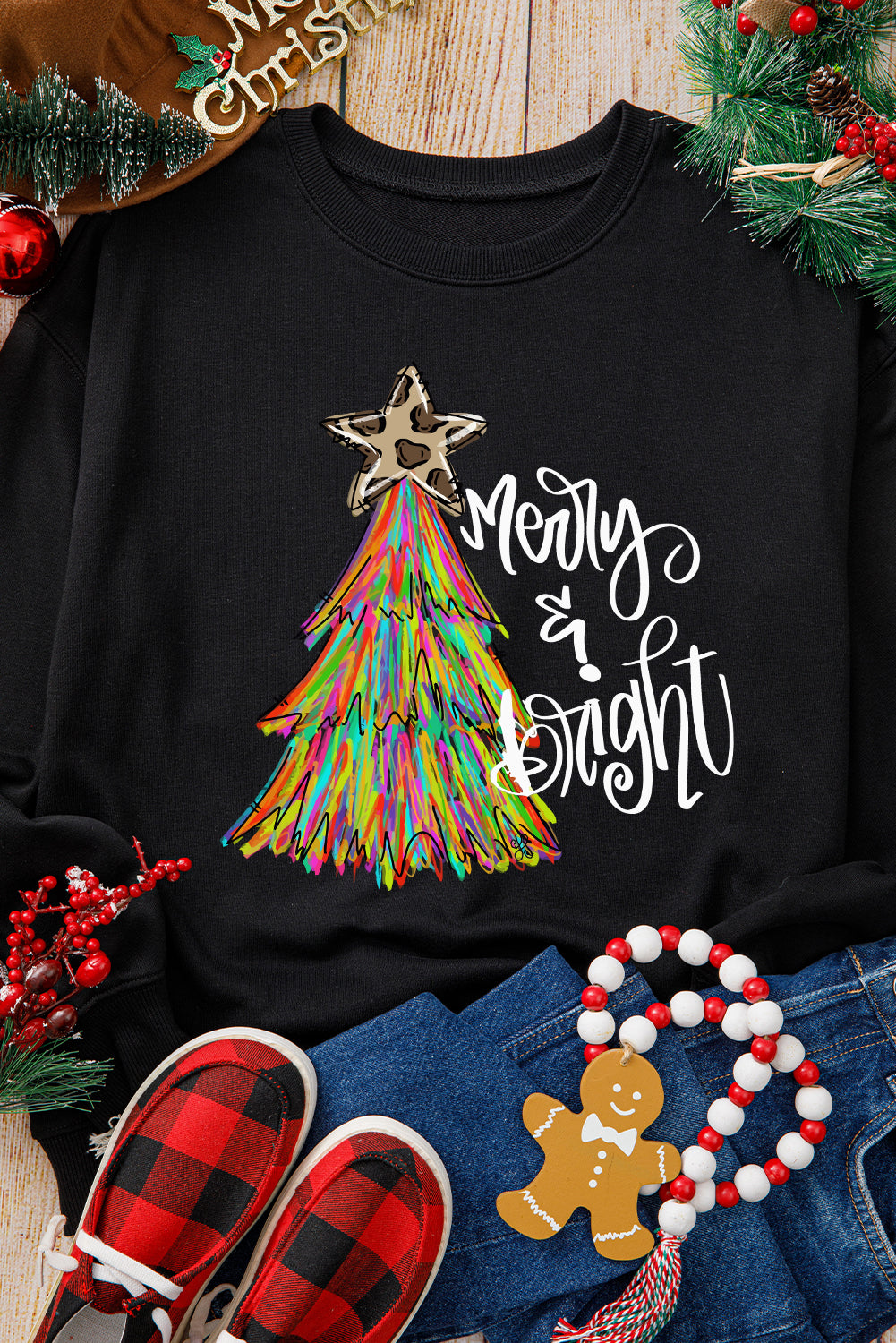 Black Merry Bright Christmas Tree Graphic Sweatshirt