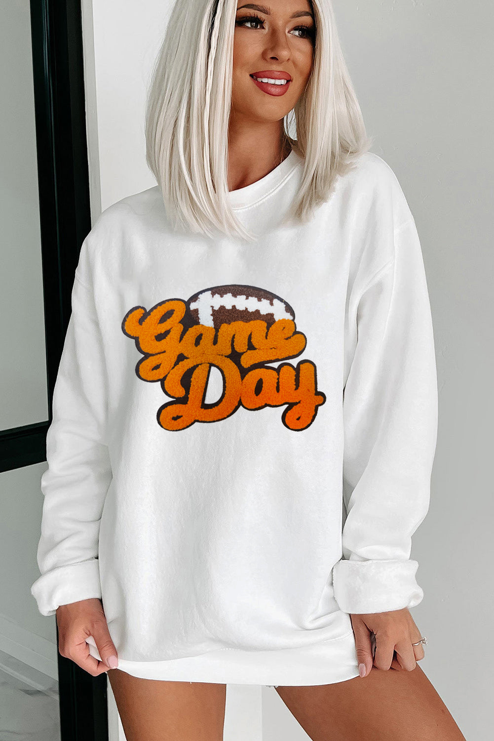 White Chenille Game Day Football Pattern Pullover Sweatshirt