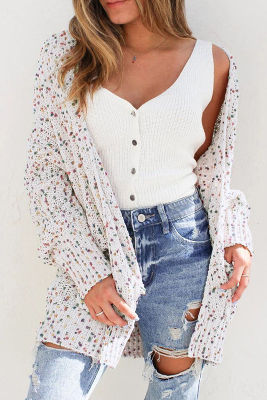 White Dotted Rib Knit Open Front Pocketed Cardigan