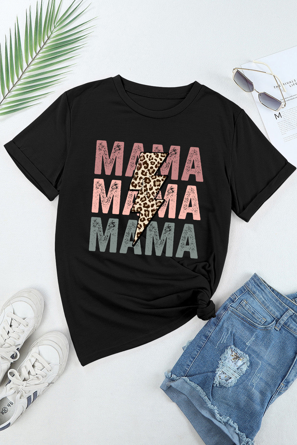 Black Leopard Lightning MAMA Letter Print Graphic Tee