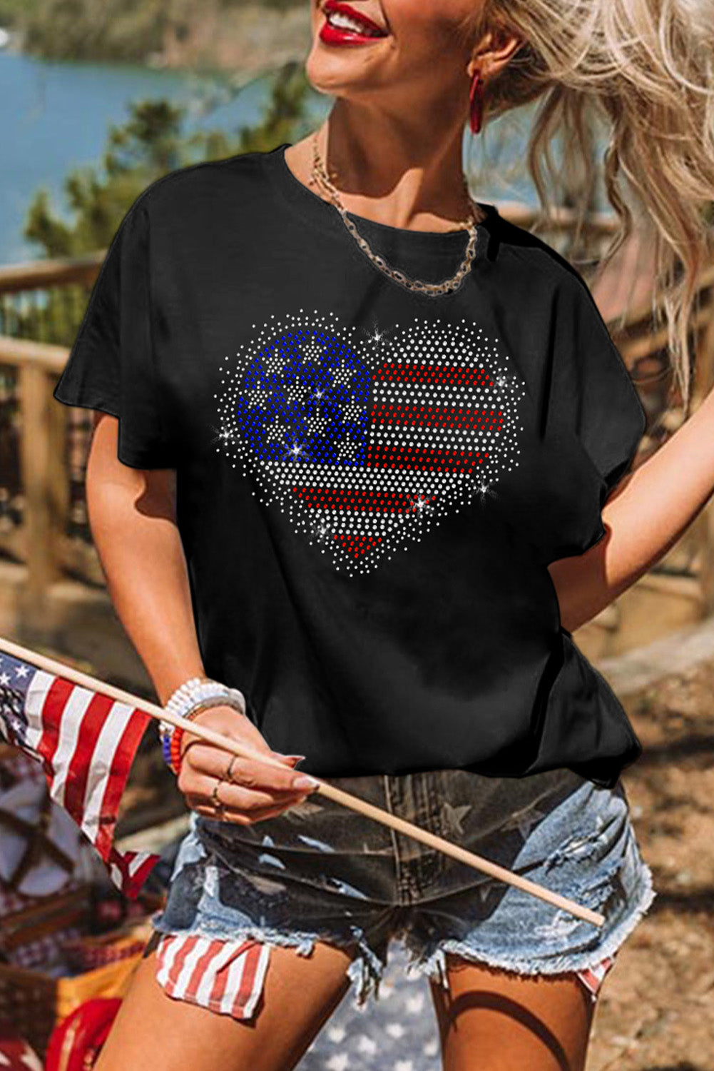 Black Rhinestone American Flag Heart Shape Graphic Tee