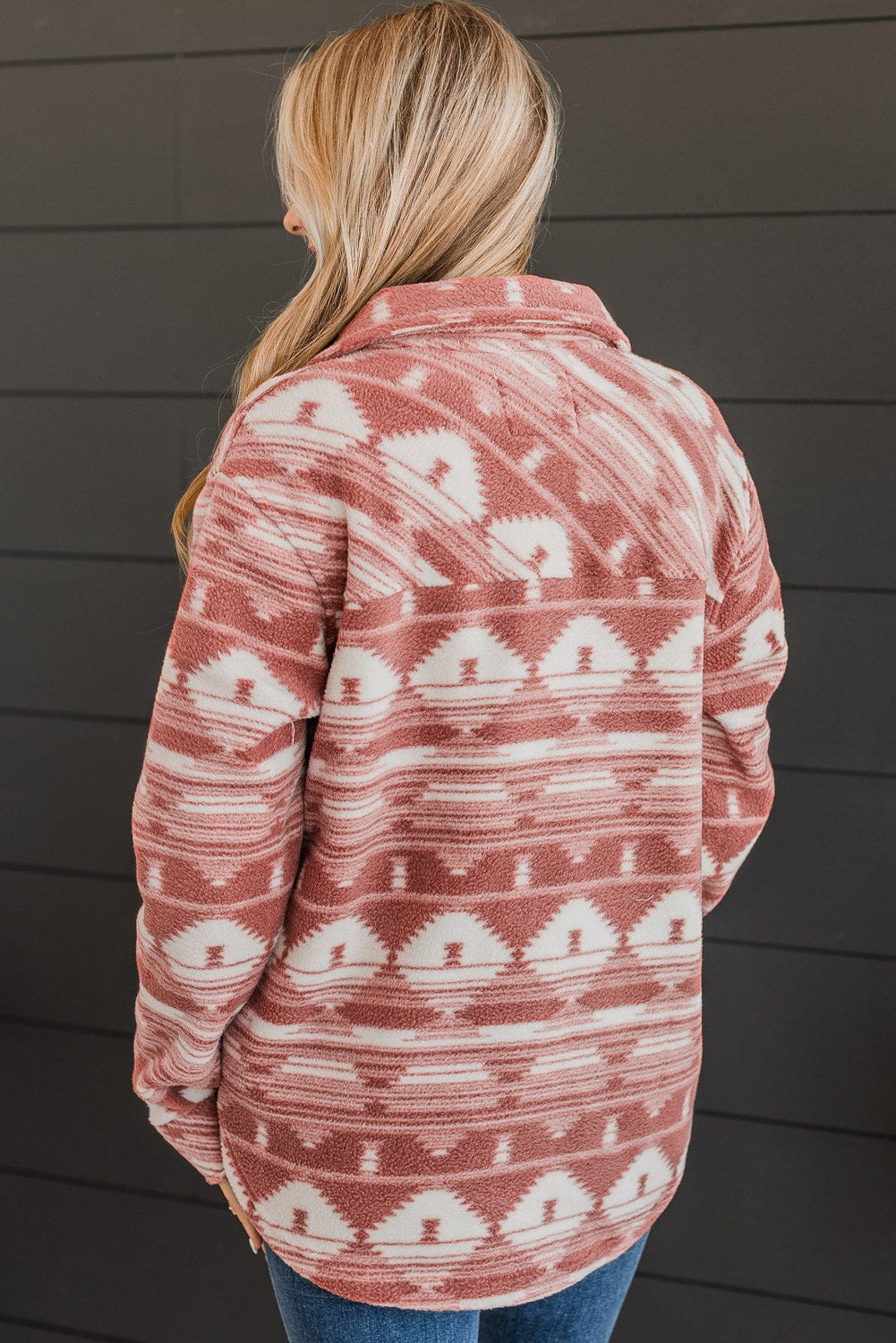 Pink Plus Size Geometric Print Chest Pocket Shacket