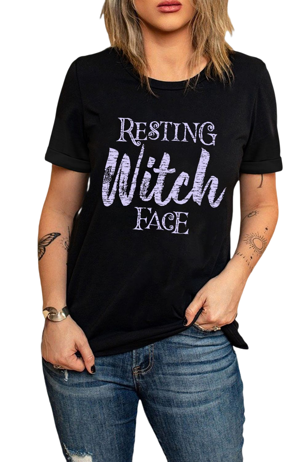 Black Resting Witch Face Casual Letter Print Graphic Tee