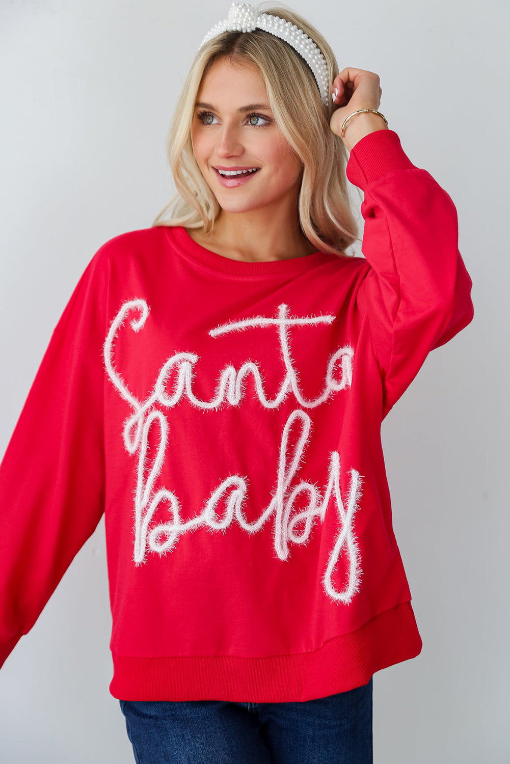 Fiery Red Christmas Tinsel Santa Baby Graphic Sweatshirt