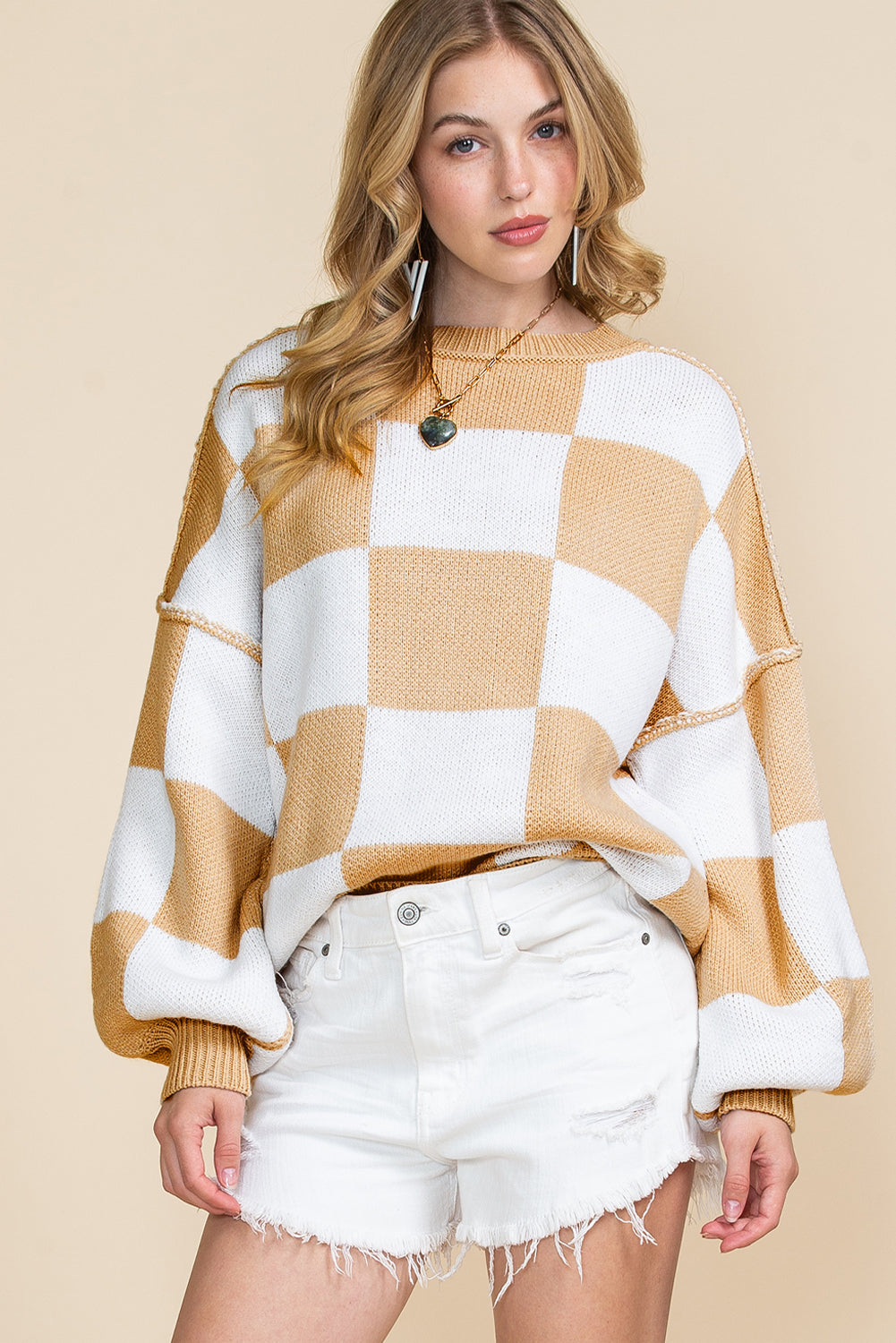 Checkered Bishop Sleeve Pullover Sweater