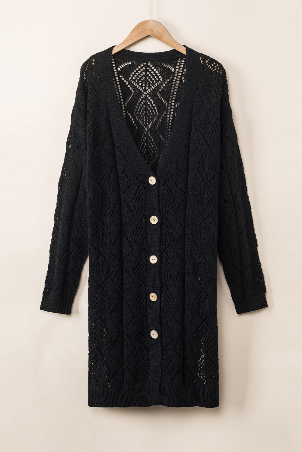 Khaki Button Up Hollow Out Loose Long Cardigan