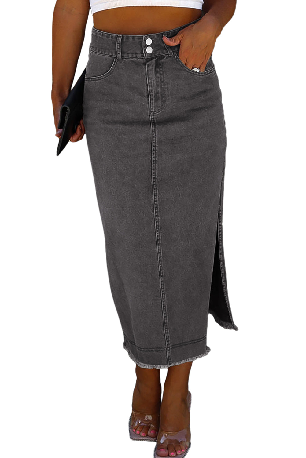 Black Raw Edge Side Slits Buttoned Midi Denim Skirt