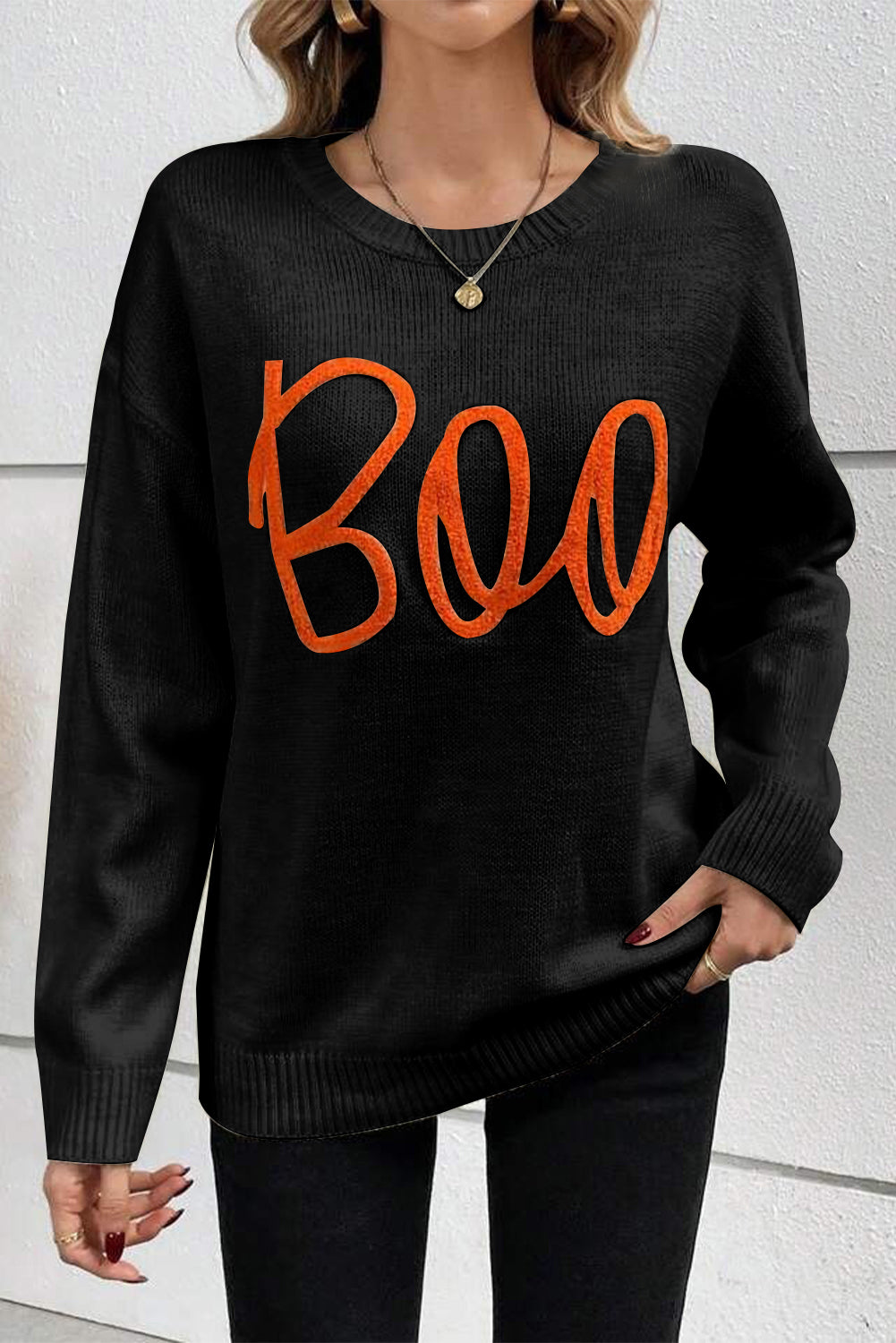 Halloween Boo Drop Shoulder Knit Sweater