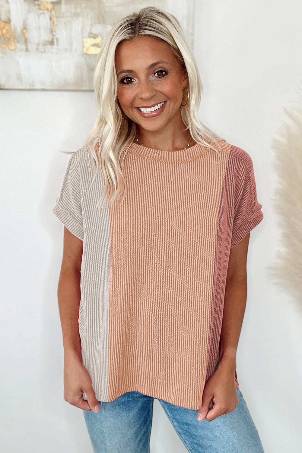 Pink Textured Colorblock Round Neck T Shirt