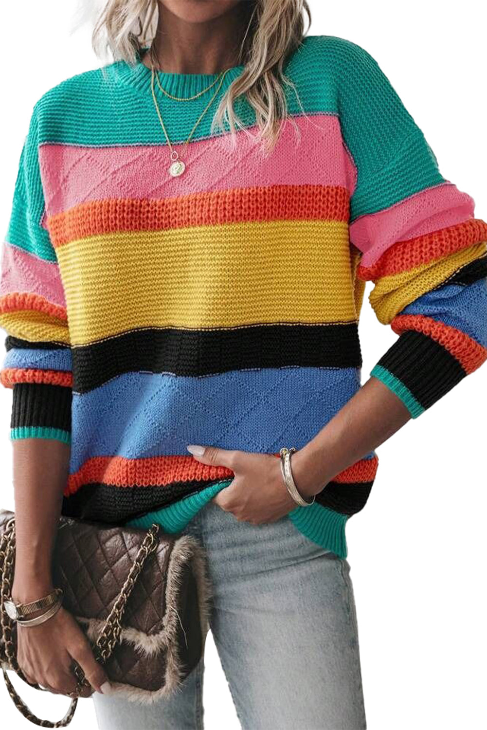 Yellow Colorblock Drop Shoulder Crew Neck Sweater