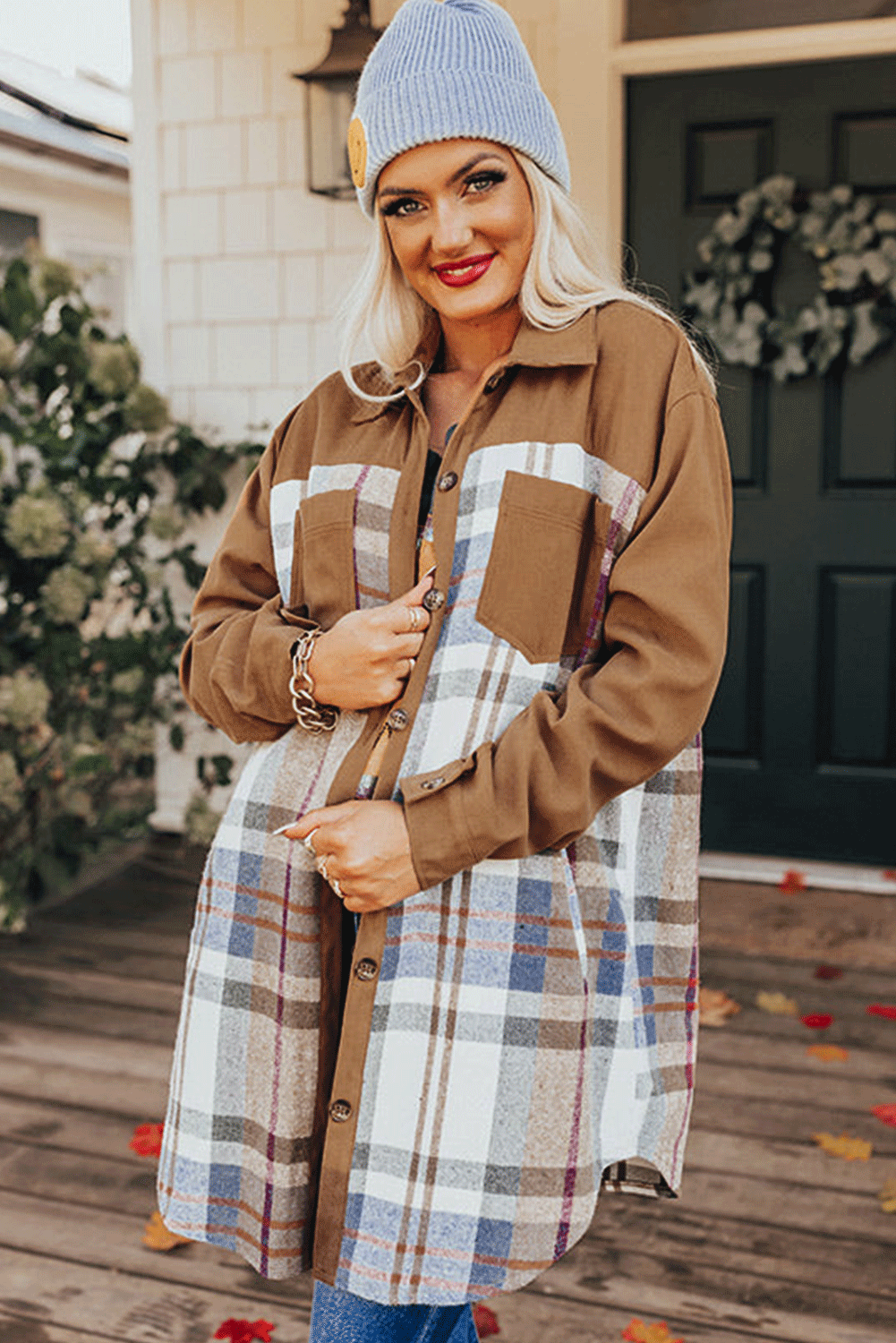 Khaki Plaid Patchwork Long Sleeve Jacket