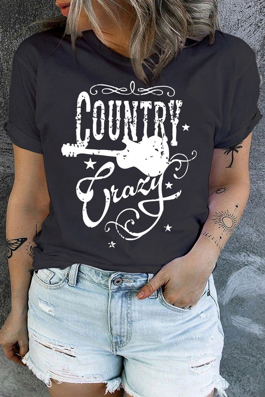 Black Plus Country Crazy Guitar Graphic Crew Neck T Shirt