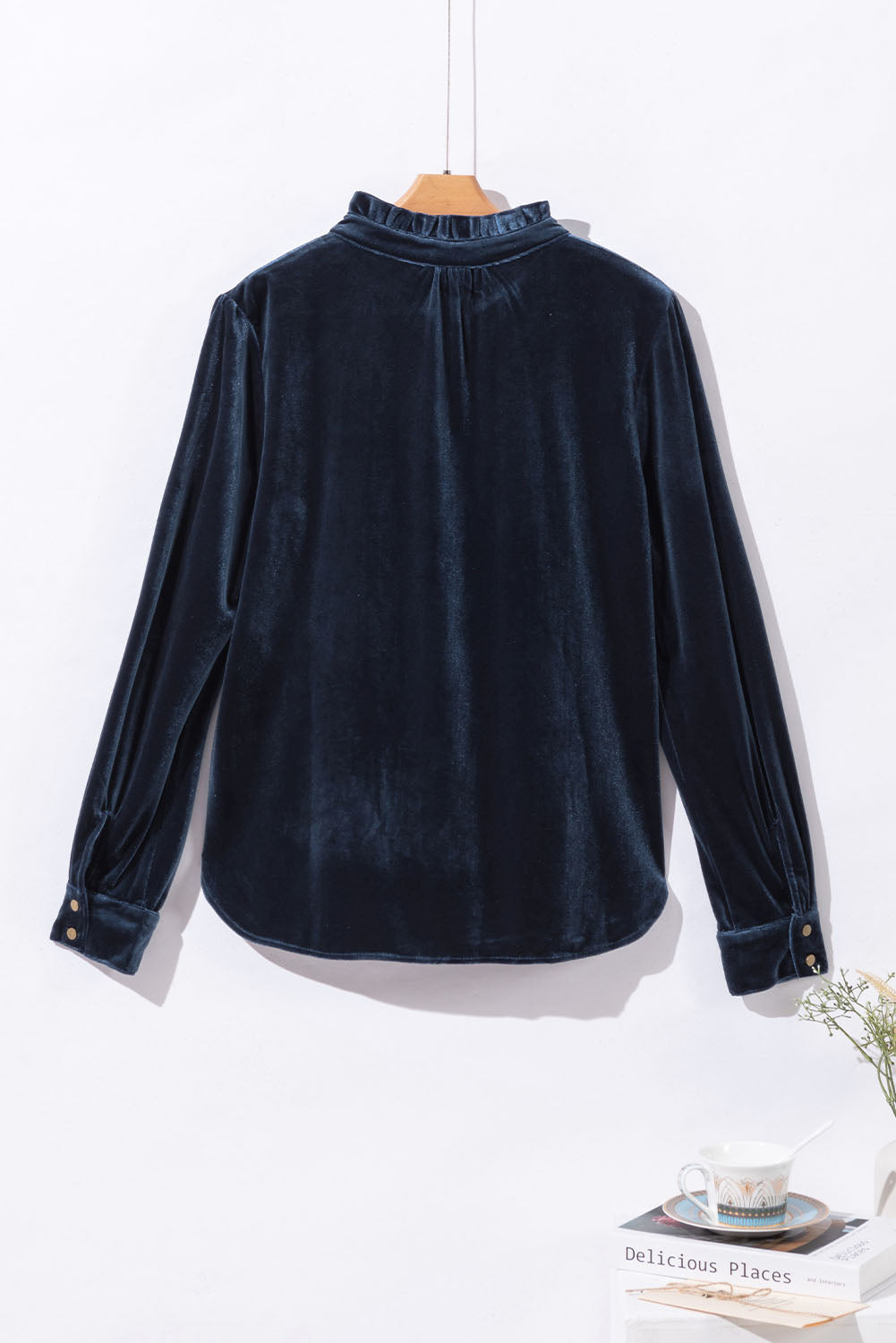 Frilled Neck Buttoned Front Velvet Top