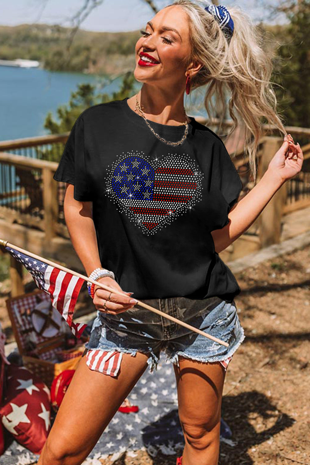 Black Rhinestone American Flag Heart Shape Graphic Tee