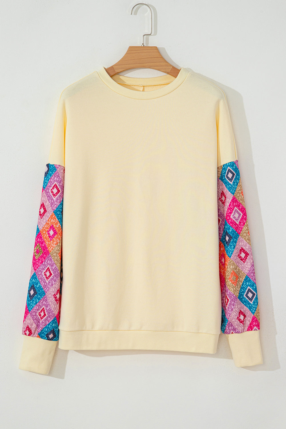 Apricot Ethnic Geometric Patchwork Long Sleeve Round Neck Top