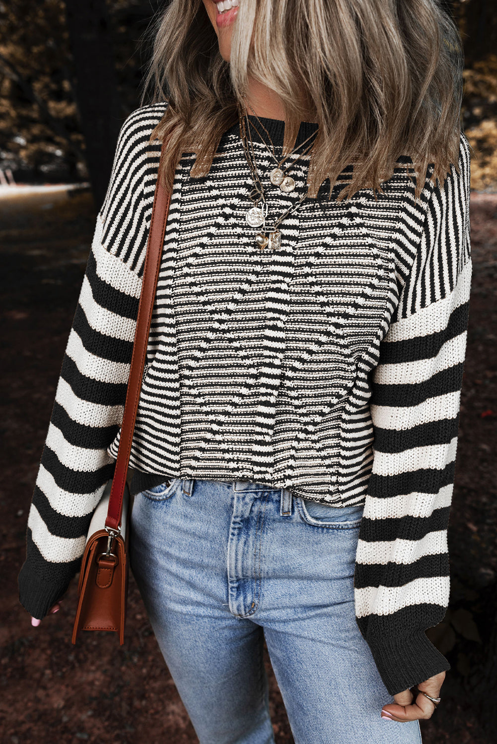 Red and White Stripe Twisted Knitted Drop Shoulder Sweater