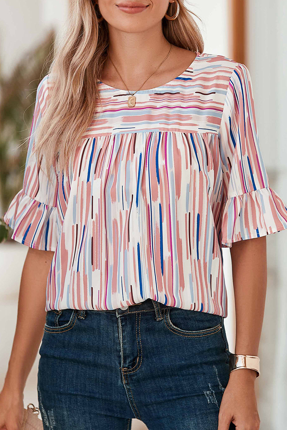 White Striped Abstract Print Ruffle Half Sleeve Blouse