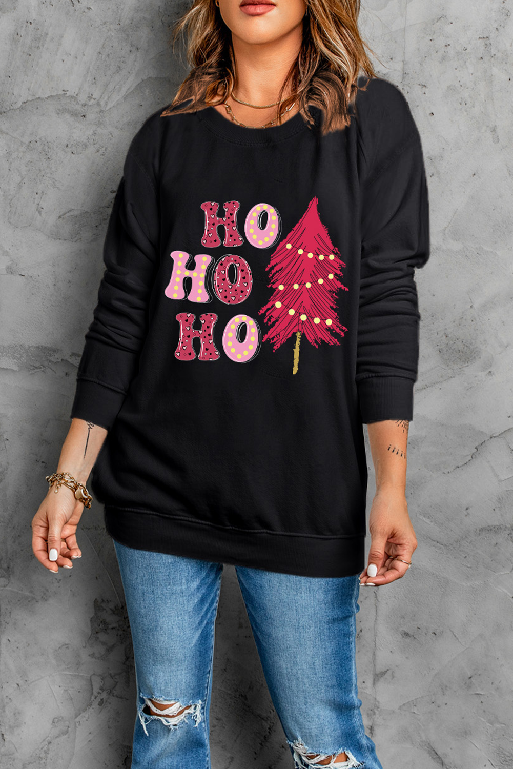 Black HO HO HO Christmas Tree Graphic Pullover Sweatshirt