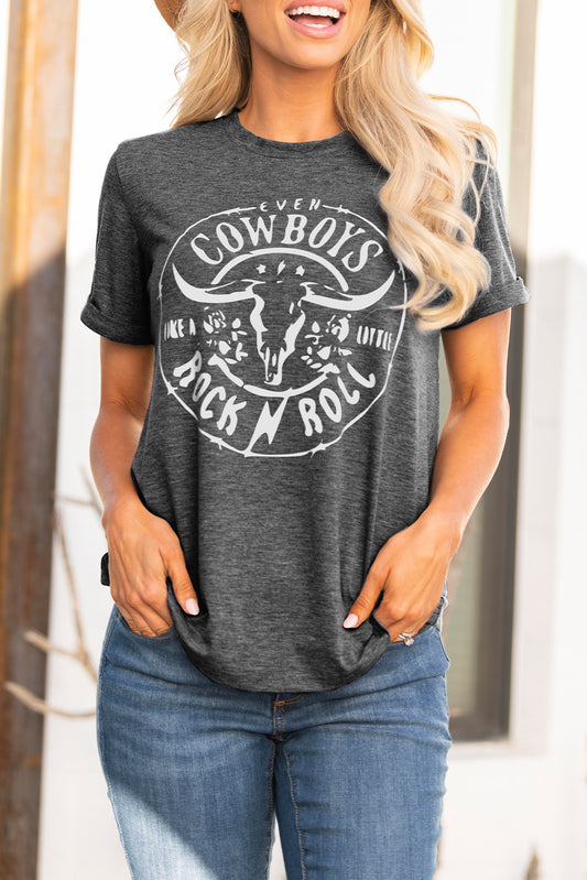 Grey Cowboys and Rock n Roll Print Short Sleeve Graphic Tee