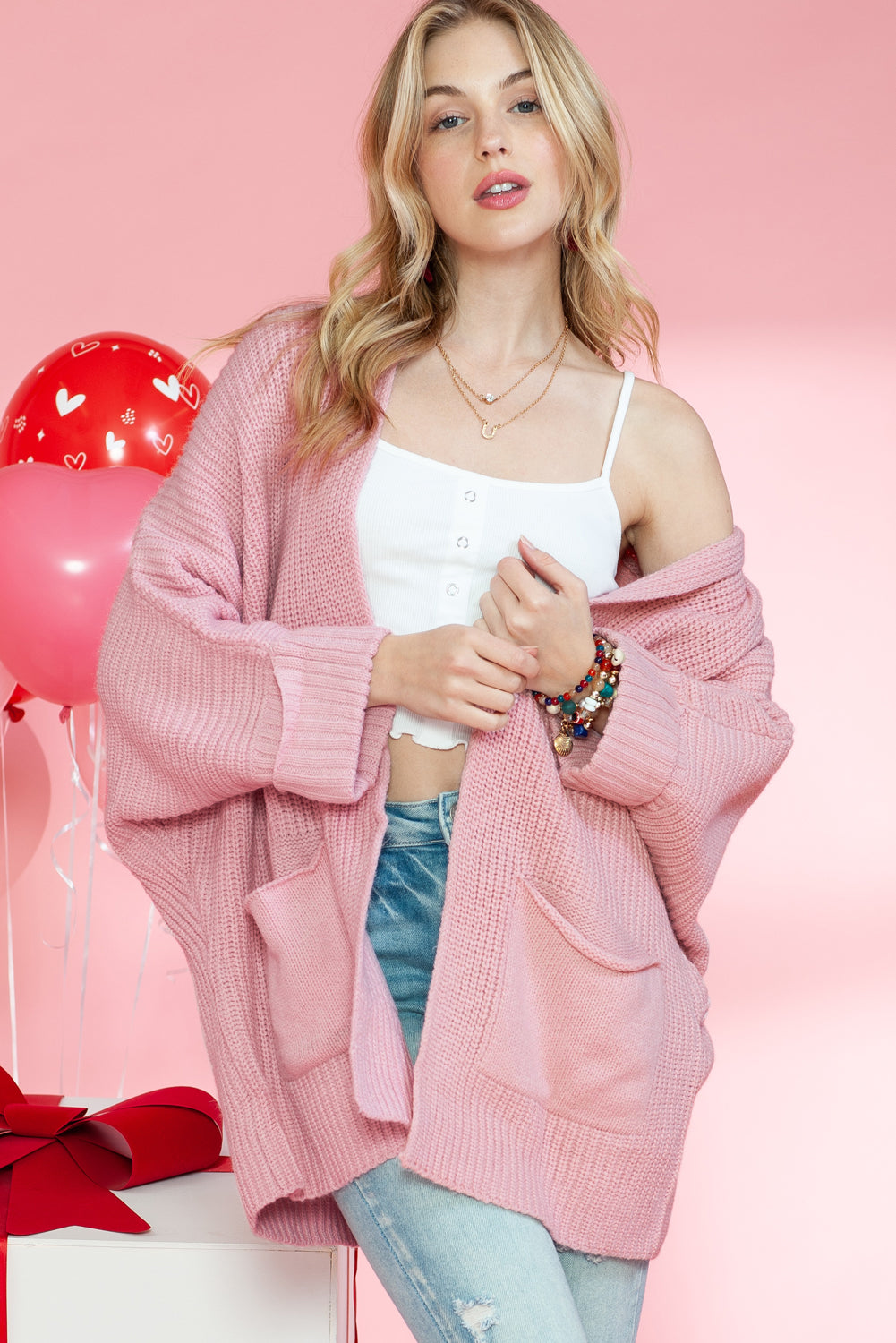 Pink Batwing Sleeve Pocket Oversized Cable Knit Cardigan