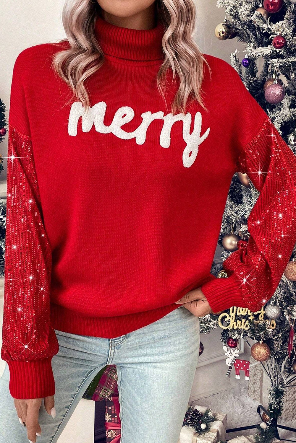 A Racing Red Merry Graphic Sequin Sleeves Christmas Sweater