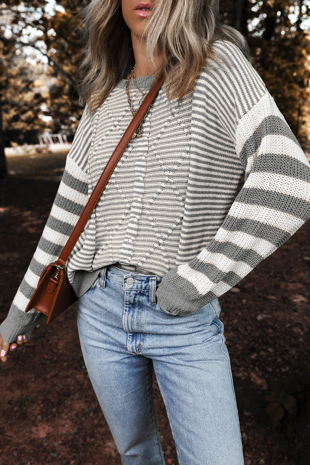 Red and White Stripe Twisted Knitted Drop Shoulder Sweater