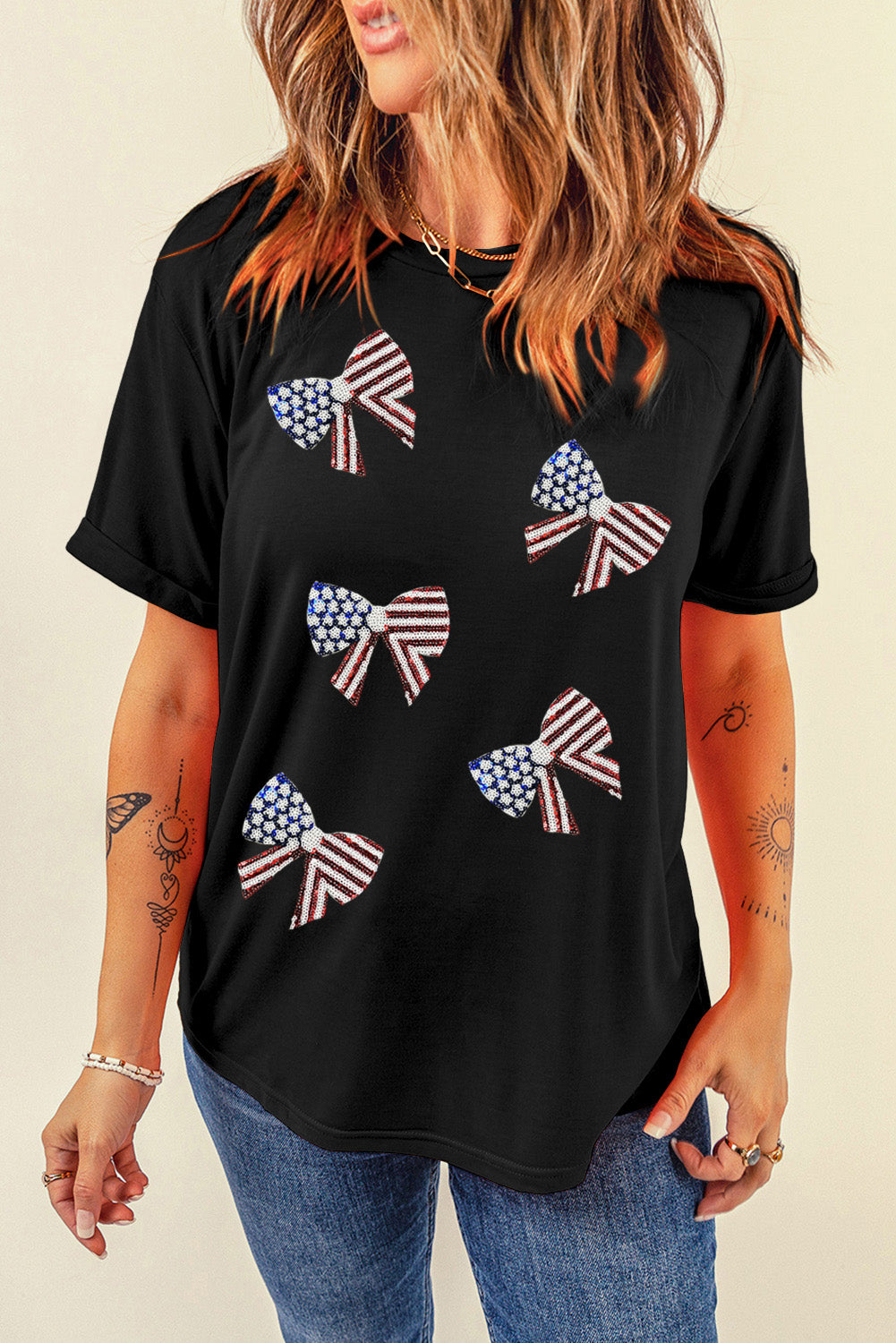 Black Sequined Flag Bowknot Graphic Roll Up Sleeve T Shirt