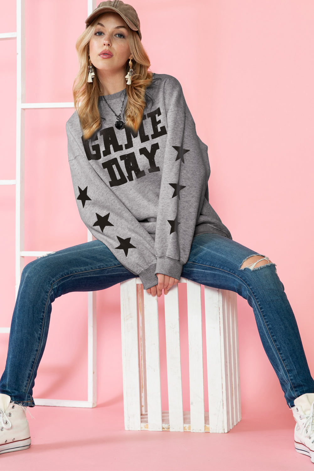 Orange Lettering Game Day Print Star Sleeve Sweatshirt