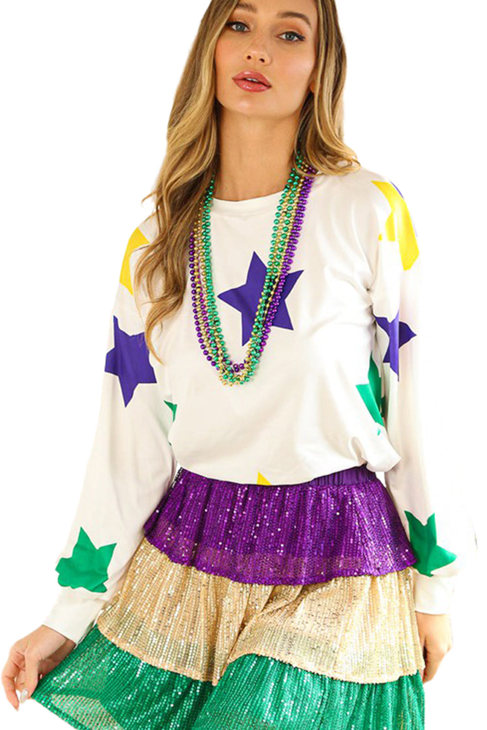 White Mardi Gras Star Print Long Sleeve Top