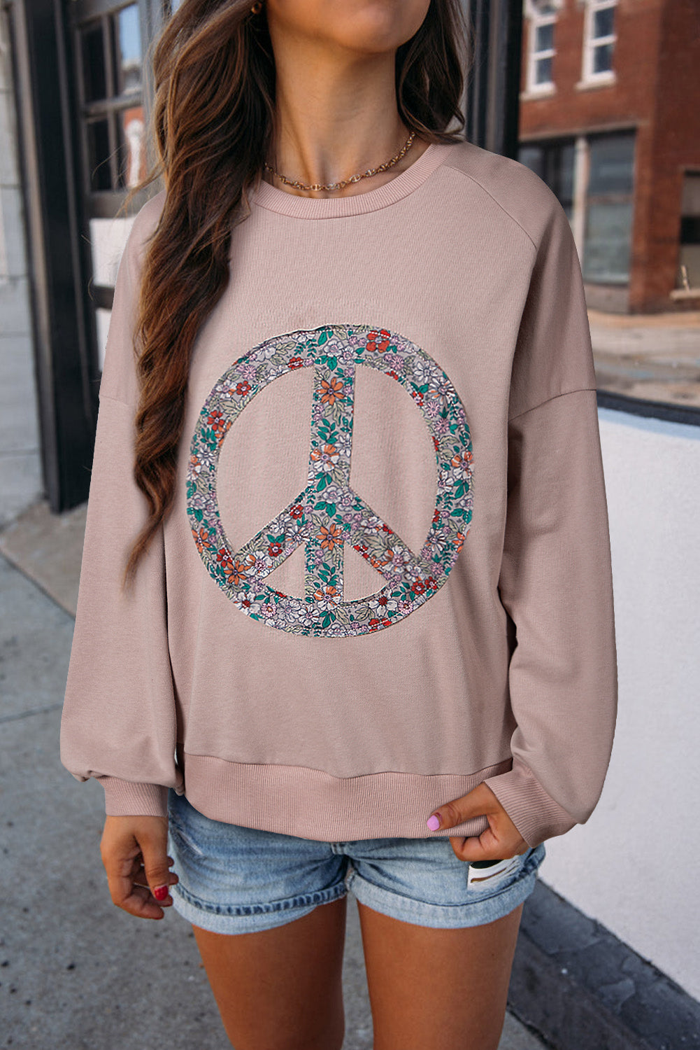 Pink Floral Peace Symbol Drop Shoulder Sweatshirt