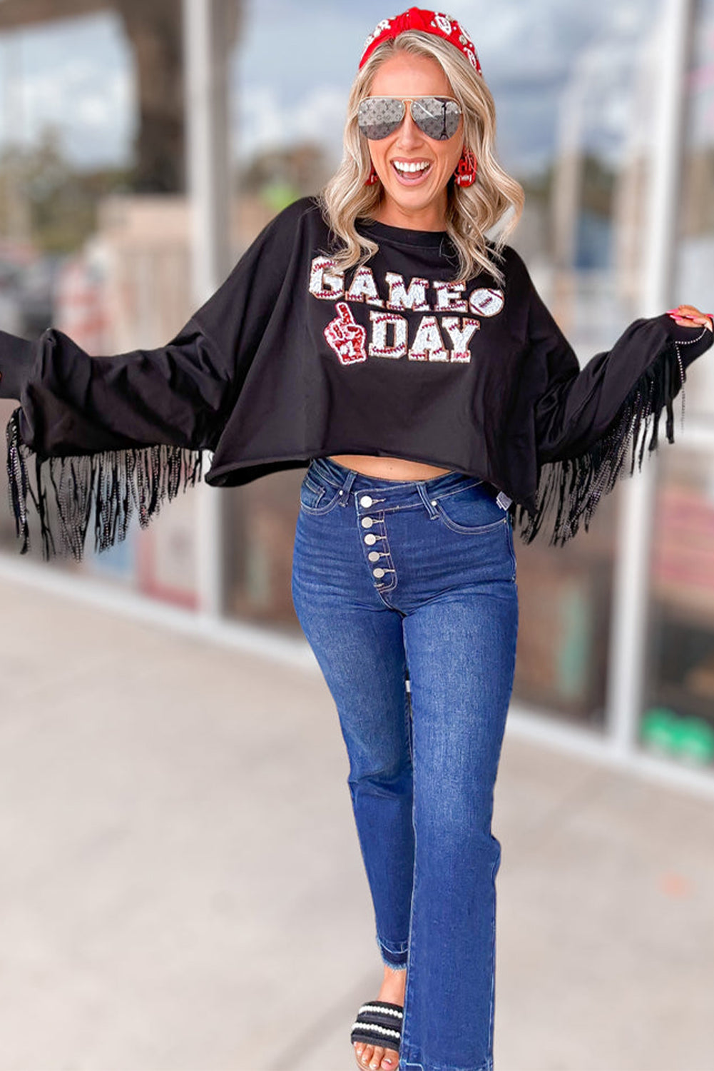 Black GAME DAY Football Sequin Tassel Cropped Sweatshirt