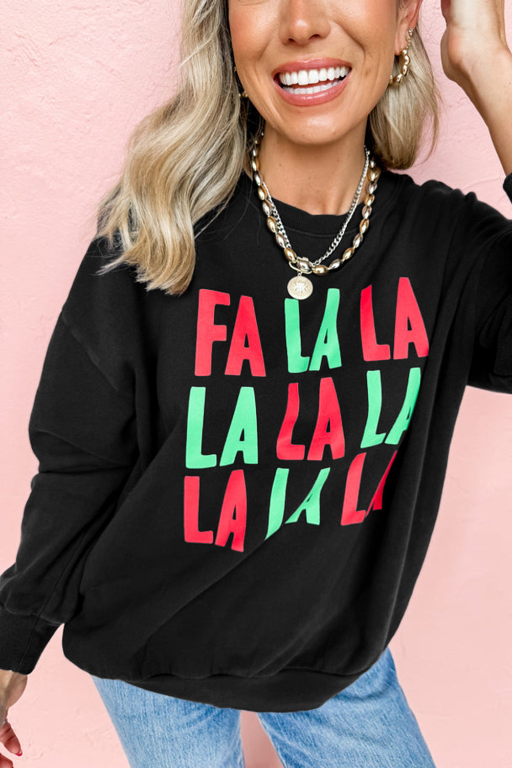 Black FA LA LA LA Print Round Neck Sweatshirt