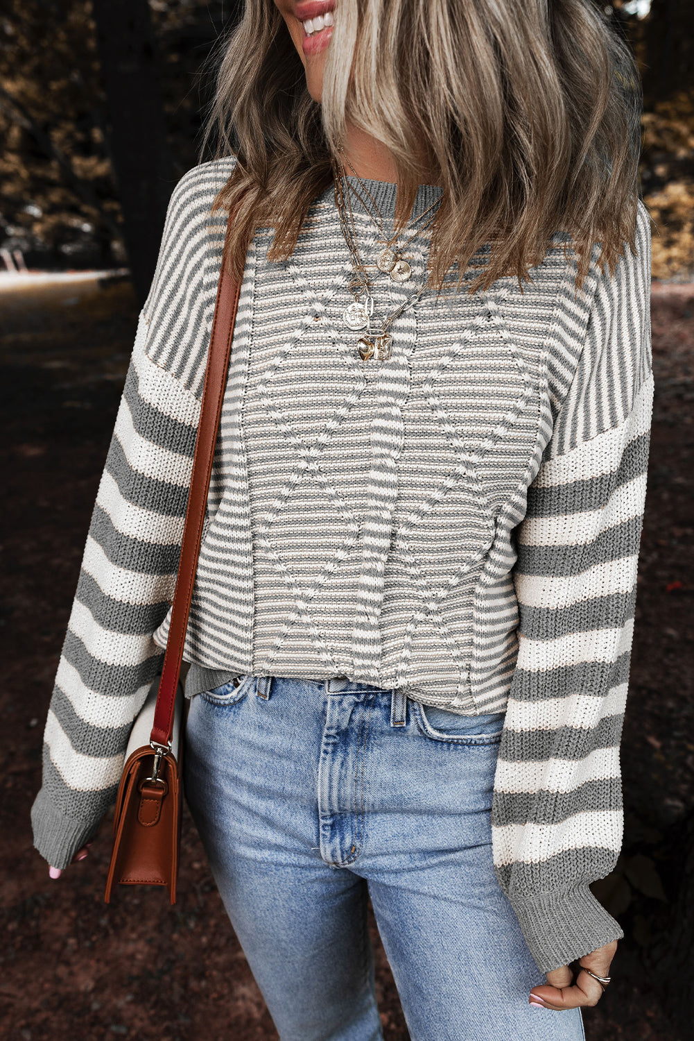 Red and White Stripe Twisted Knitted Drop Shoulder Sweater