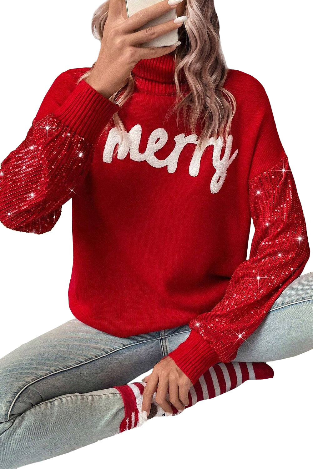 A Racing Red Merry Graphic Sequin Sleeves Christmas Sweater