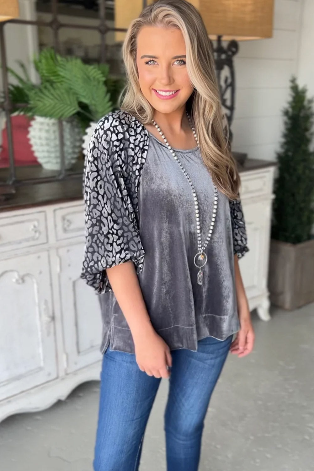 Grey Leopard Splicing Lantern Sleeve Velvet Blouse