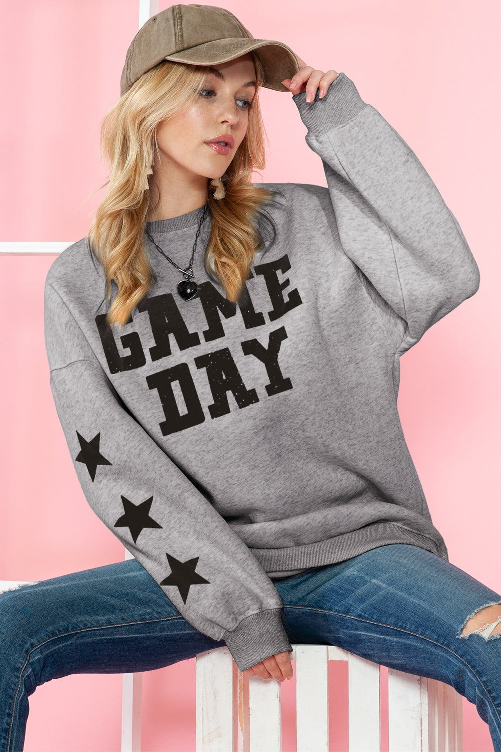 Orange Lettering Game Day Print Star Sleeve Sweatshirt