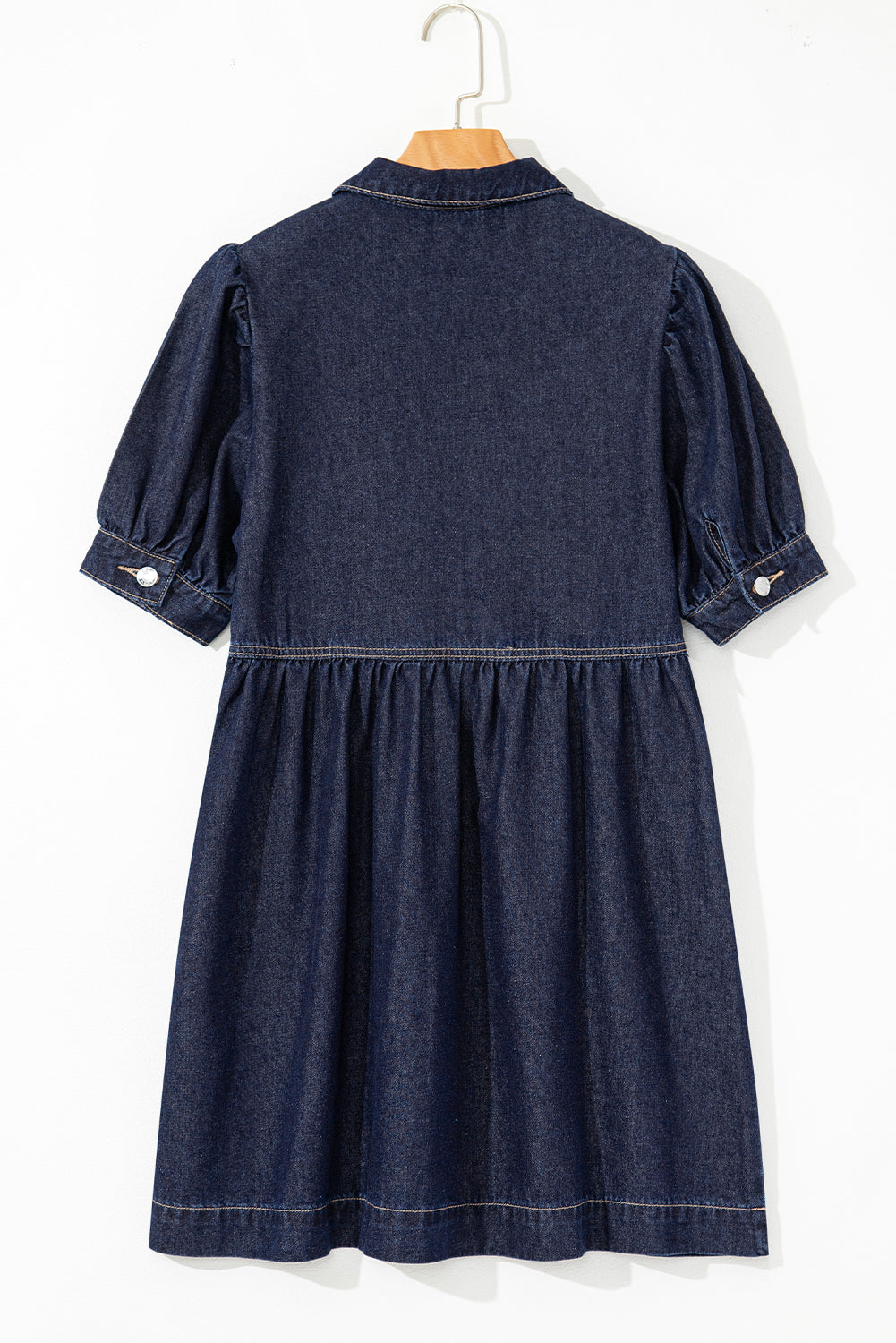 Dirty Blue Puff Sleeve Half Zipper Denim Flowy Dress