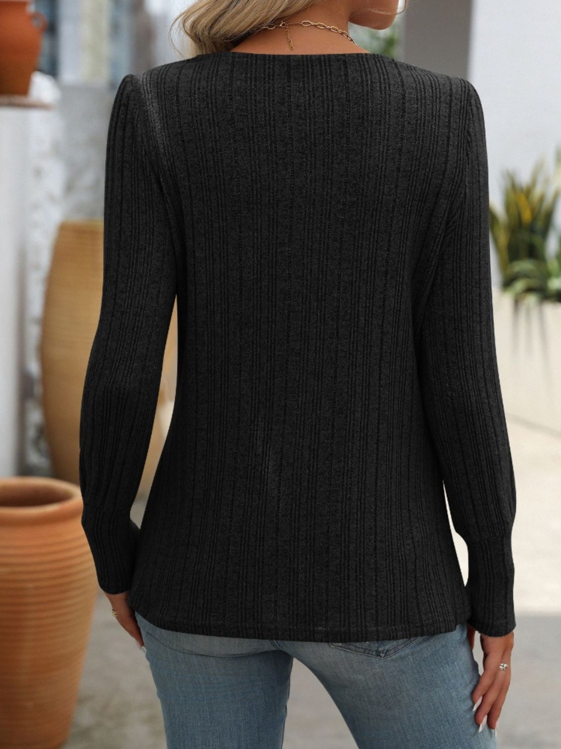 Decorative Button Striped Square Neck Long Sleeve Sweater