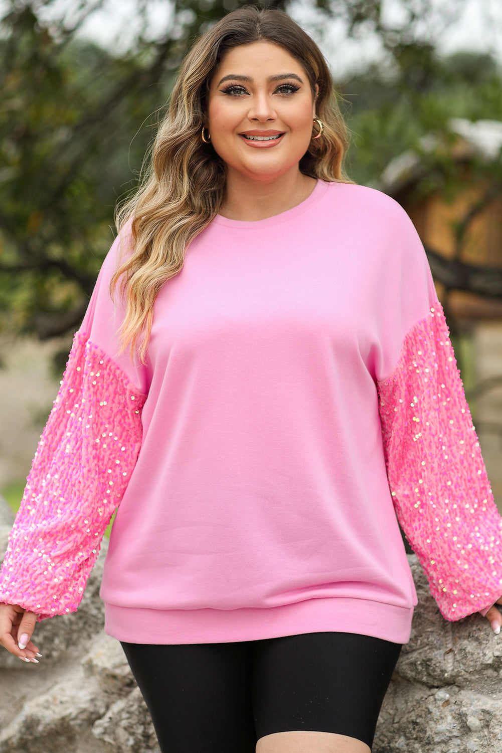 Pink Plus Size Sequin Sleeve Drop Shoulder Sweatshirt