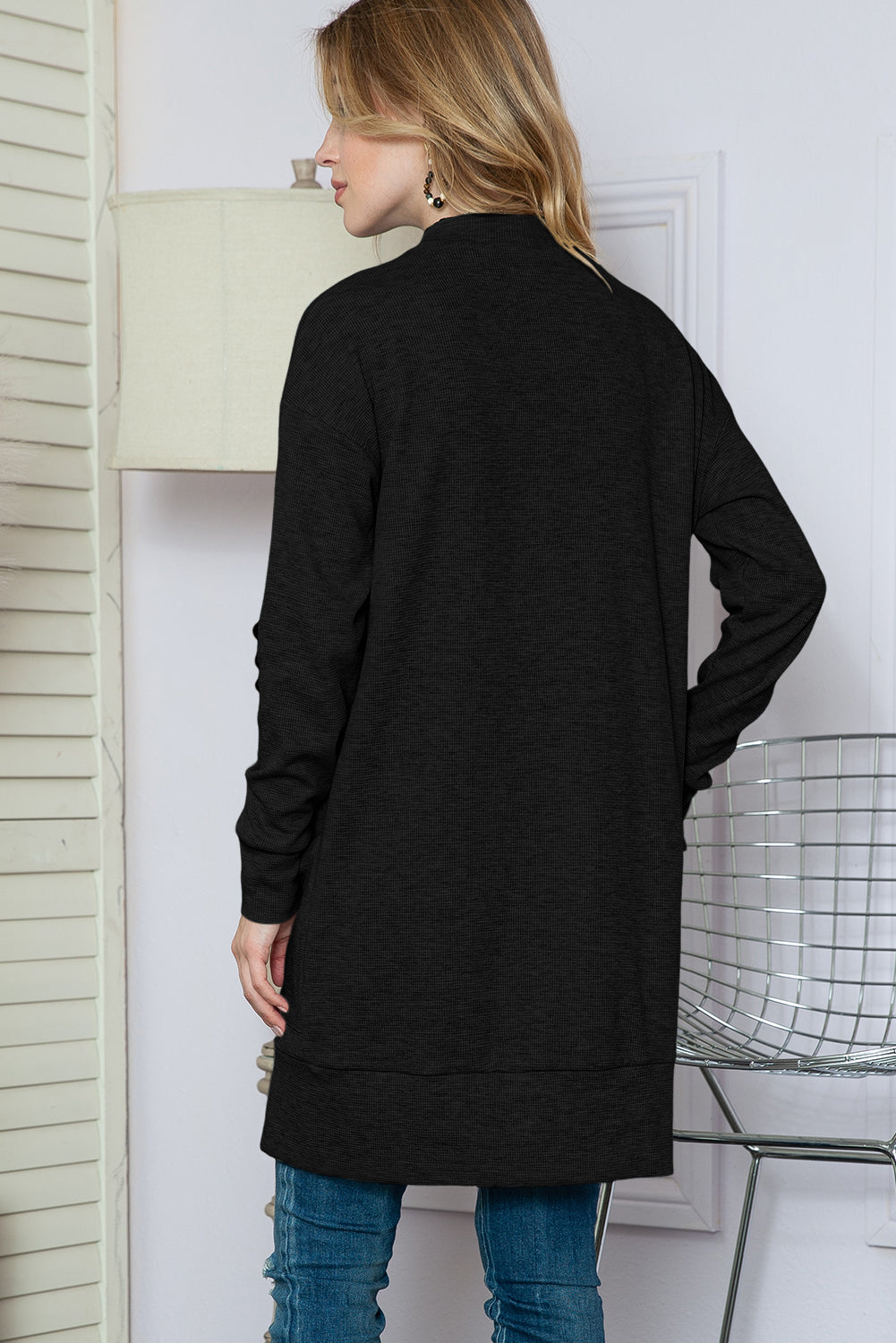 Black Ribbed Knit Pocketed Open Front Long Cardigan